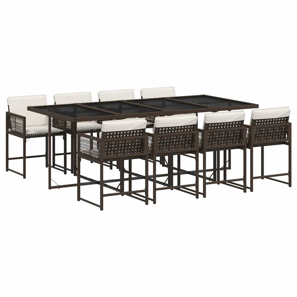 Ensemble à manger de jardin et coussins 9 pcs marron poly rotin