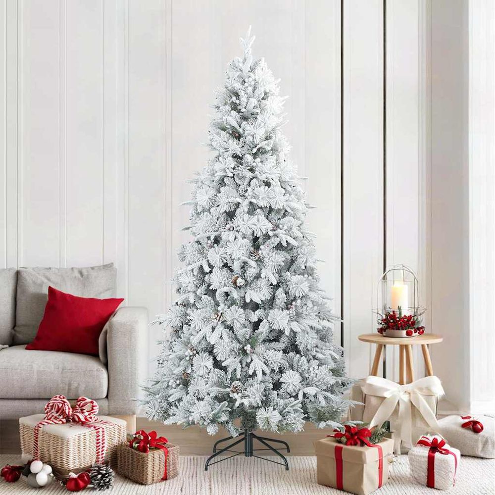 Grand sapin de noël artificiel enneigé décoré pour fêtes blanc 210 cm