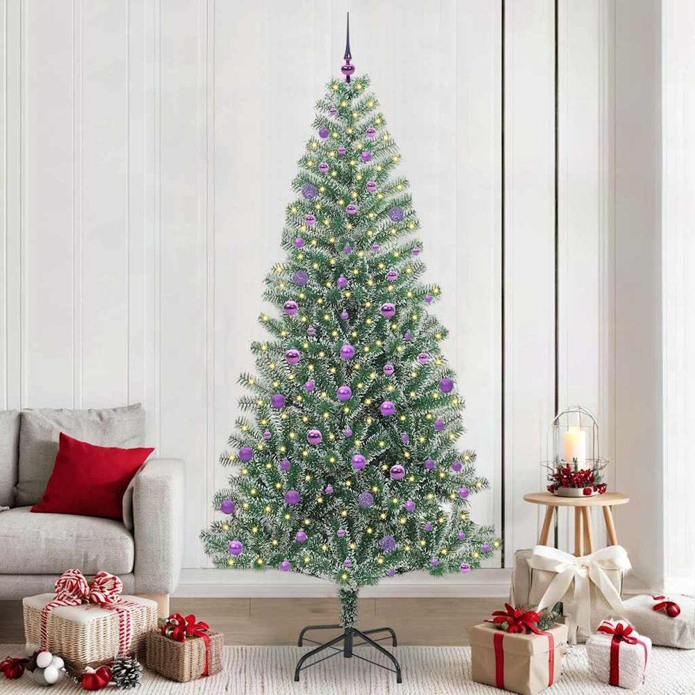 Sapin artificiel majestueux 240 cm flocage neige, livré avec 120 boules et éclairage led complet