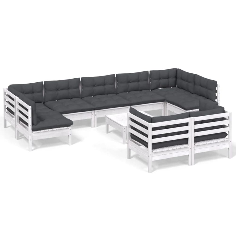 Salon de jardin 10 pcs avec coussins blanc bois de pin massif