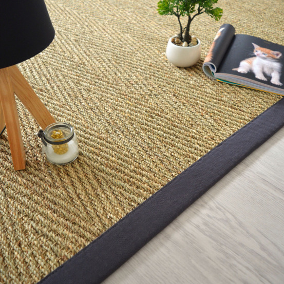 Tapis jonc de mer - assam chevron - ganse coton anthracite - 140 x 200 cm