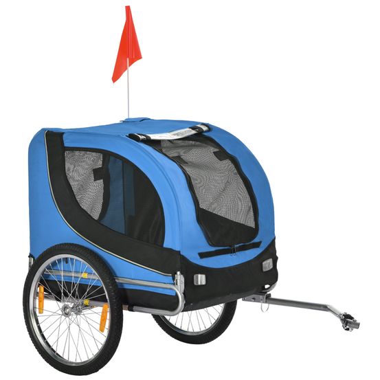 Remorque vélo pour chien moyen en acier oxford aéré avec fanion bleu noir 130cm