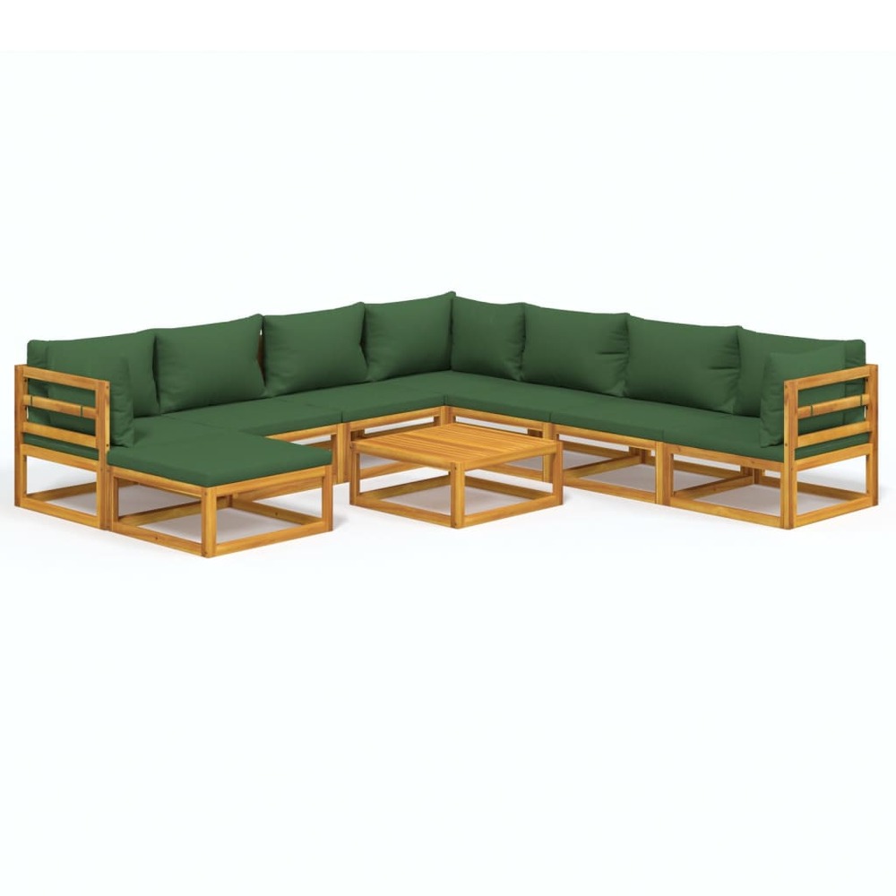 Salon de jardin meuble d'extérieur ensemble de mobilier 9 pièces avec coussins vert bois massif