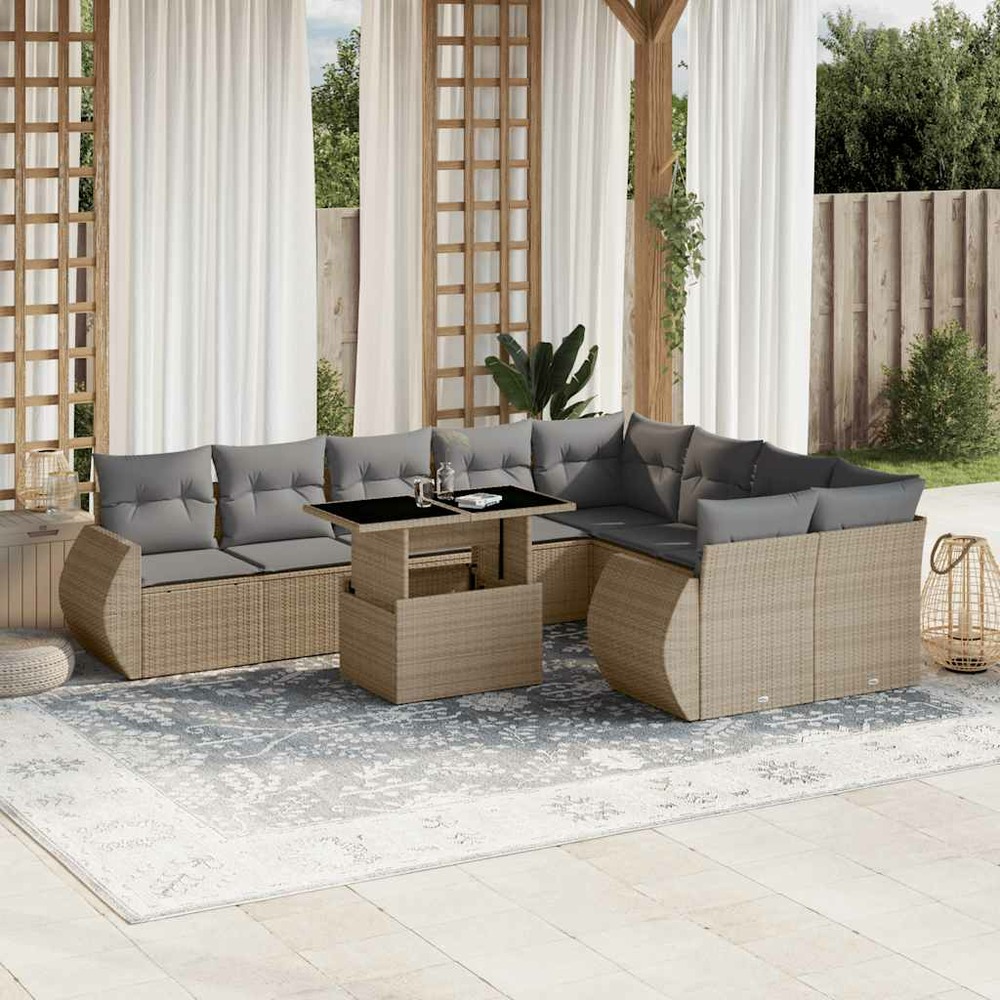 Salon de jardin avec coussins 10 pcs beige résine tressée