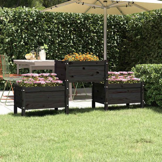 Jardinière surélevée 3 bacs en bois de pin massif pour jardin et balcon 178.5 cm noir