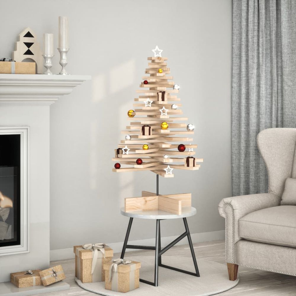 Grand sapin de noël bois de pin massif rotatif décoration 100 cm brun