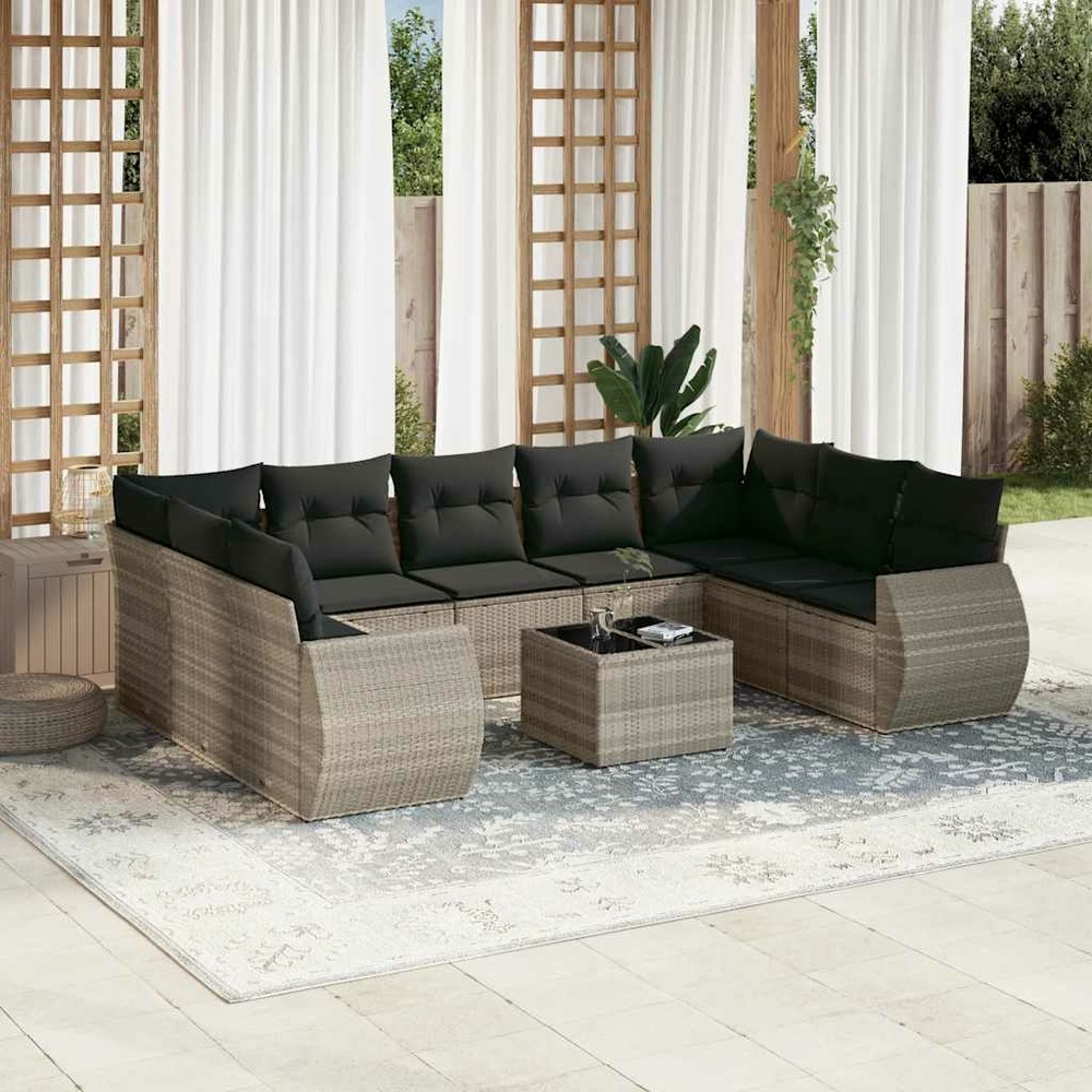 Salon de jardin avec coussins 10 pcs gris clair résine tressée