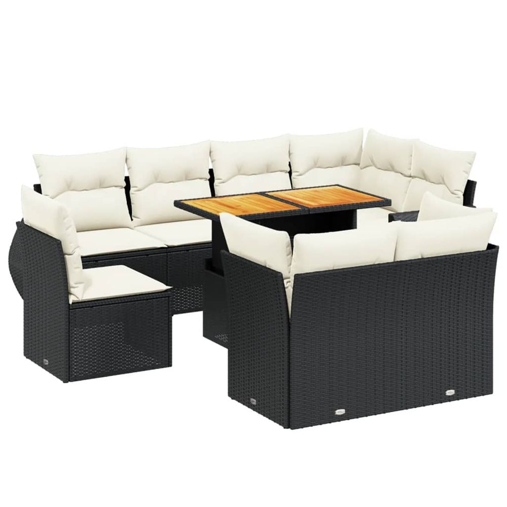 Salon de jardin 9 pcs avec coussins noir résine tressée