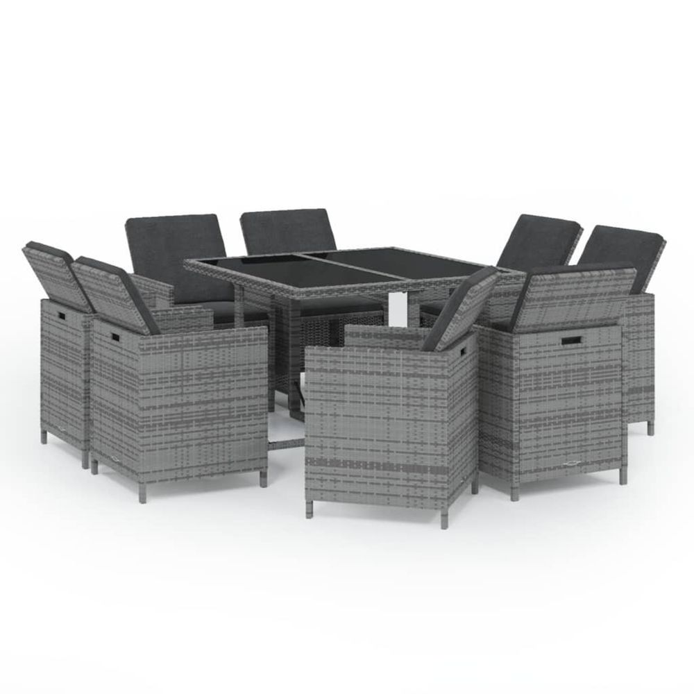 Ensemble à manger de jardin coussins 9pcs résine tressée gris