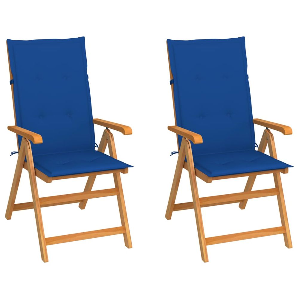Chaises pliantes (lot de 2) avec coussins bleu roi, en bois de teck massif