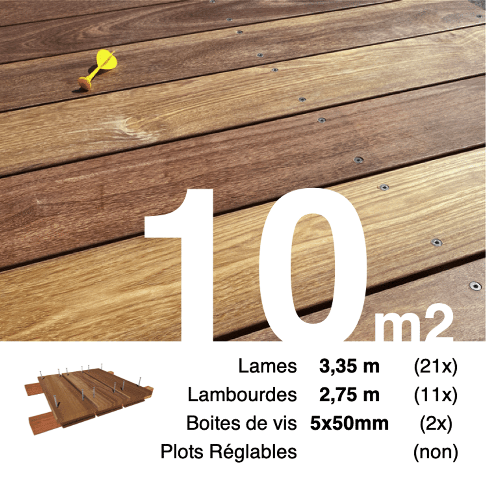Kit terrasse bois exotique cumaru pour 10 m², lames 3,35 m, lambourdes 2,75 m et visserie inox.