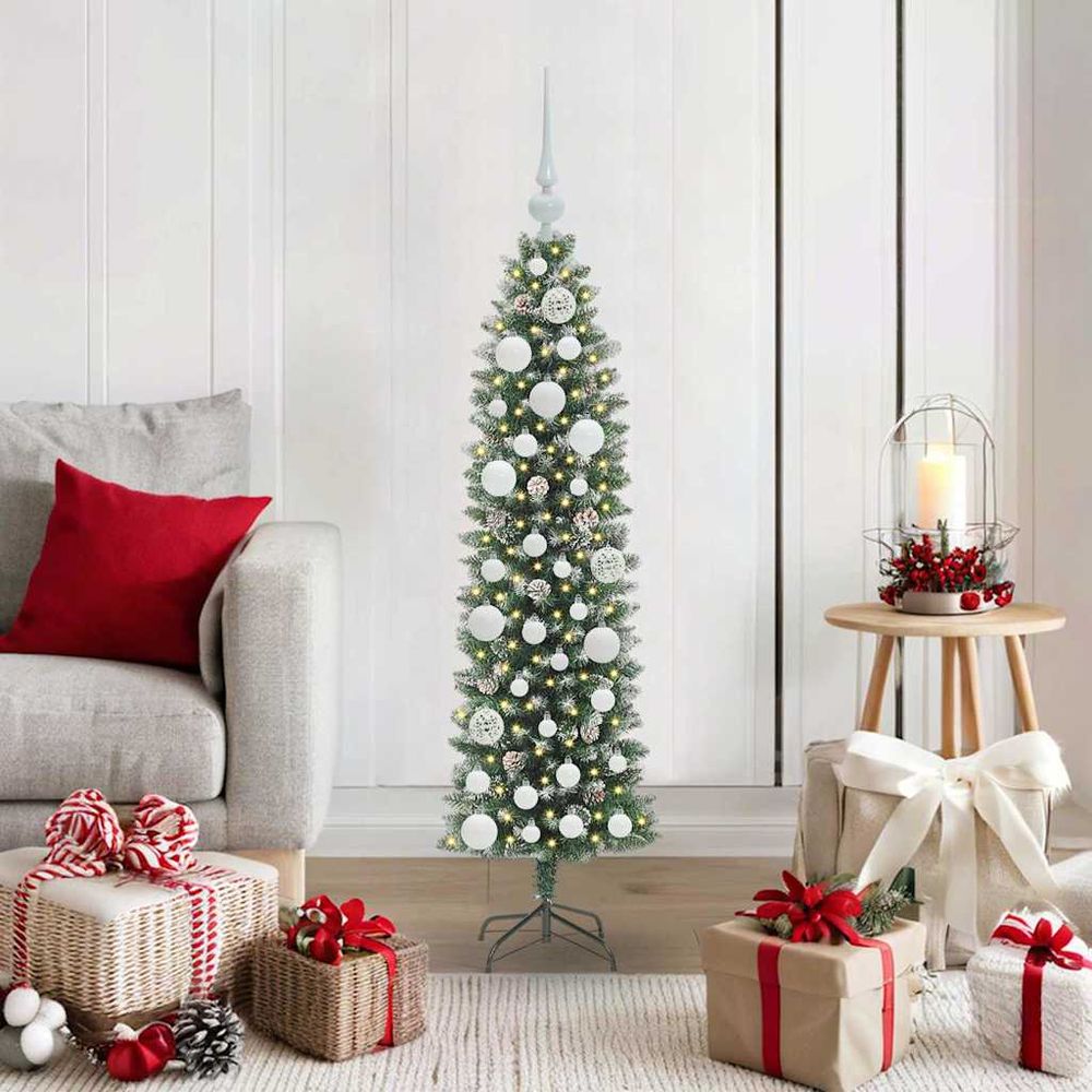 Arbre de noël gain de place 120 cm blanc enneigé, avec guirlande led usb et 61 boules