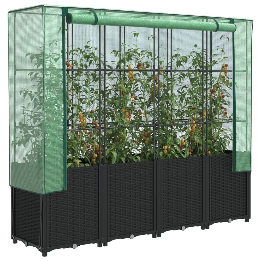 Potager sur pieds 160cm noir avec cadre et housse de serre, bac de culture design rotin, h153cm