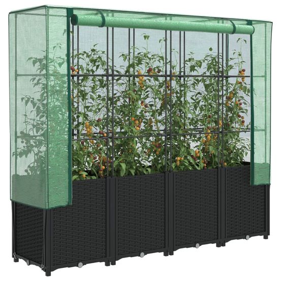 Potager sur pieds 160cm noir avec cadre et housse de serre, bac de culture design rotin, h153cm