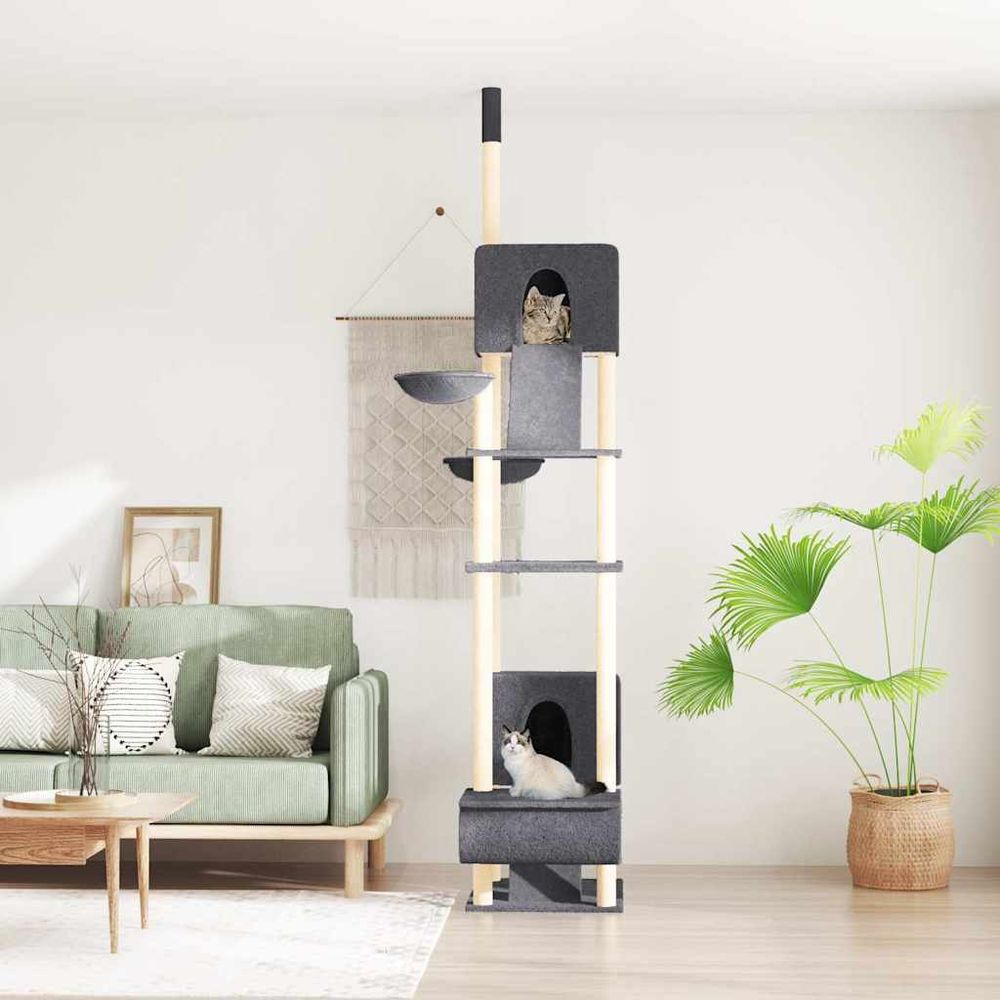 Arbre à chat sol-plafond ajustable avec 2 hamacs et 2 niches 277-303 cm gris foncé