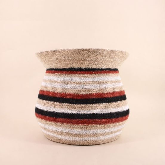 Panier amphore rayé marron, beige en herbes marines 36x34cm