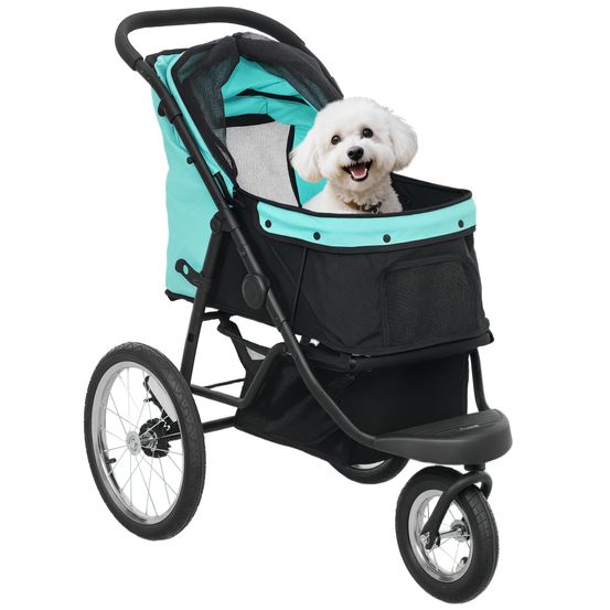 Poussette compacte en acier et tissu oxford pour petits chiens avec panier turquoise
