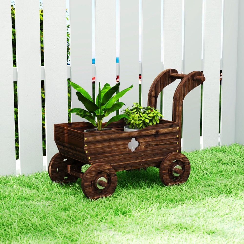 Chariot à plantes bois de sapin pour jardin terrasse décoration vintage 68x38x52cm