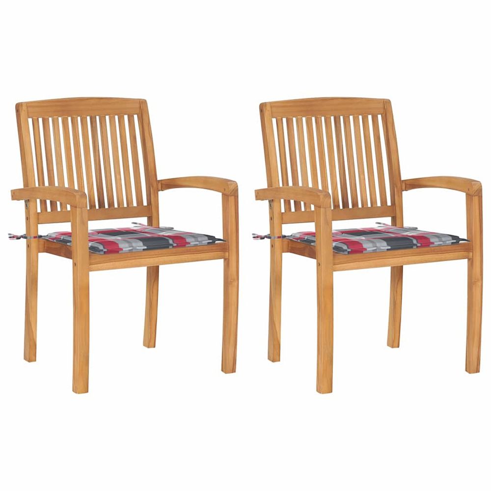 Chaises de jardin lot de 2 avec coussins à carreaux rouges teck