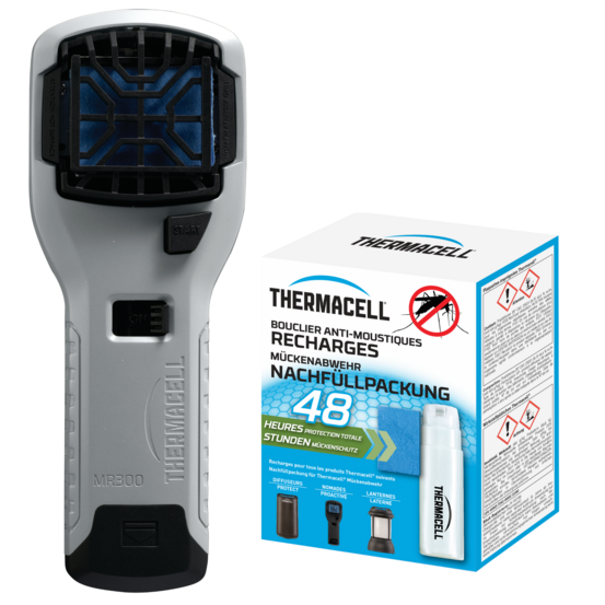 Thermacell bouclier anti-moustiques portable – zone 20m², inodore, 60h de protection, 5 cartouches gaz + 15 plaquettes