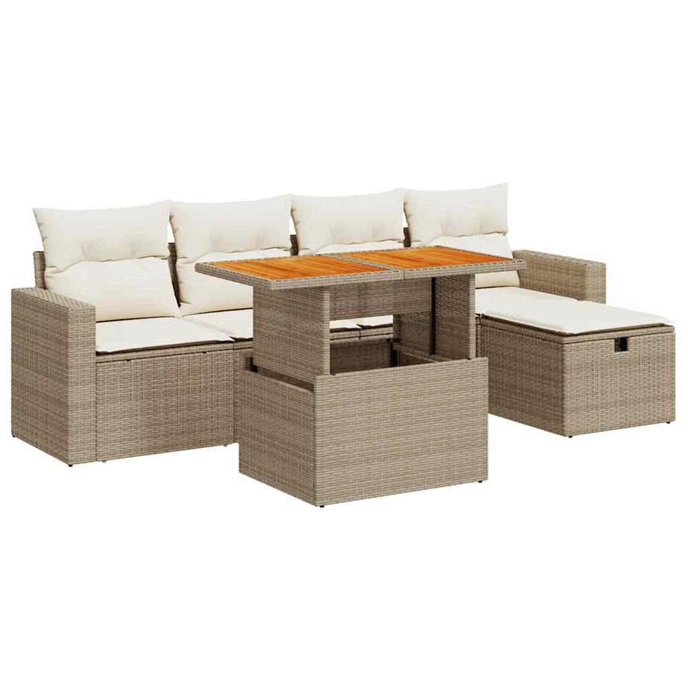 Salon de jardin 6 pcs avec coussins beige résine tressée acacia