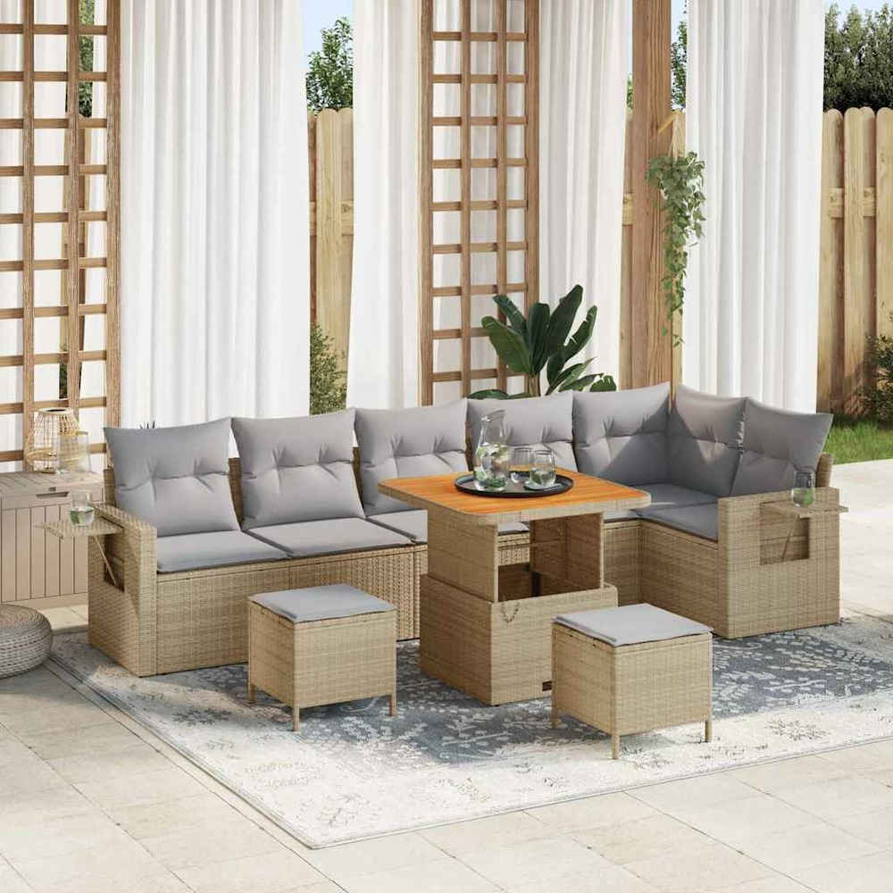 Ensemble de canapé de jardin 9 pcs beige polyrotin