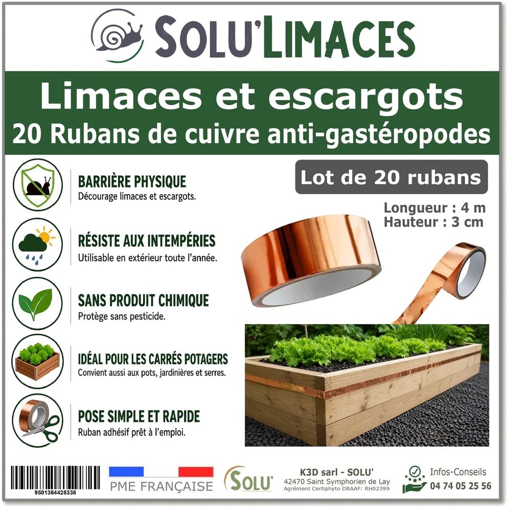 20 ruban de cuivre anti-limaces et escargots solu'limaces - barrière physique adhésive pour potager, jardinières et bacs