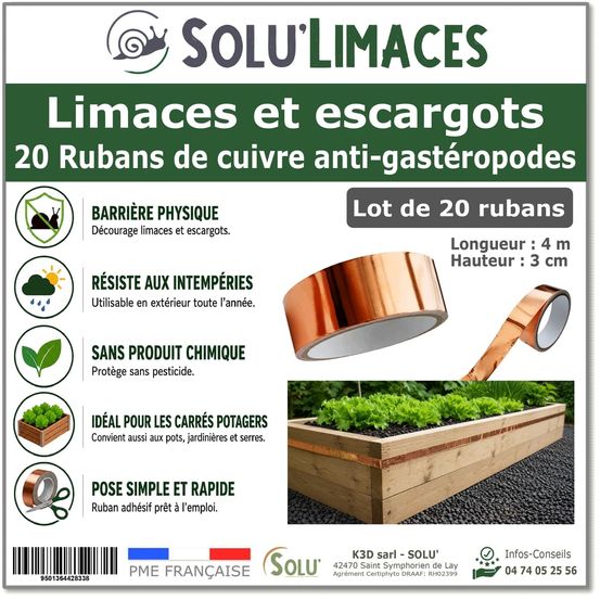 20 ruban de cuivre anti-limaces et escargots solu'limaces - barrière physique adhésive pour potager, jardinières et bacs