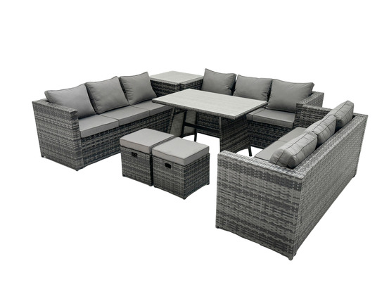 Ensemble de canapé en rotin extérieur avec table à manger table d'appoint 2 petits tabourets 11 places gris foncé mixte