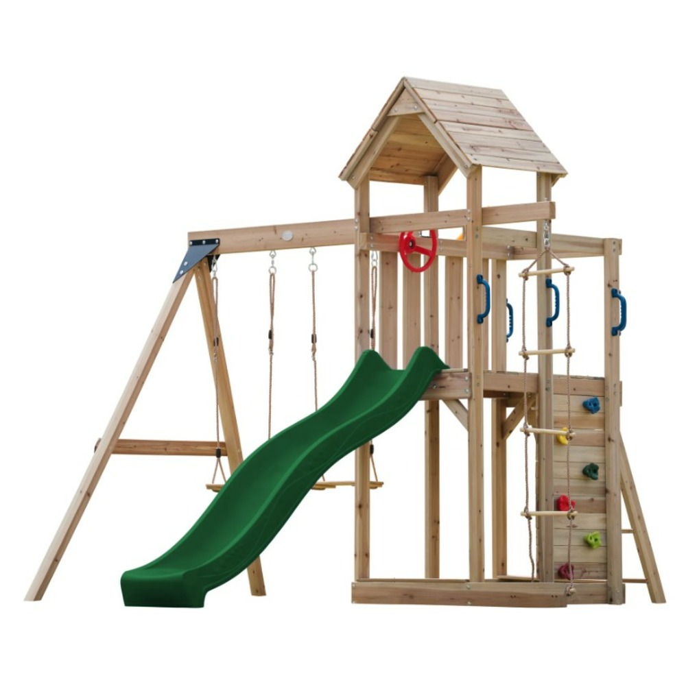 Portique moos 2 balançoires + échelle toboggan vert