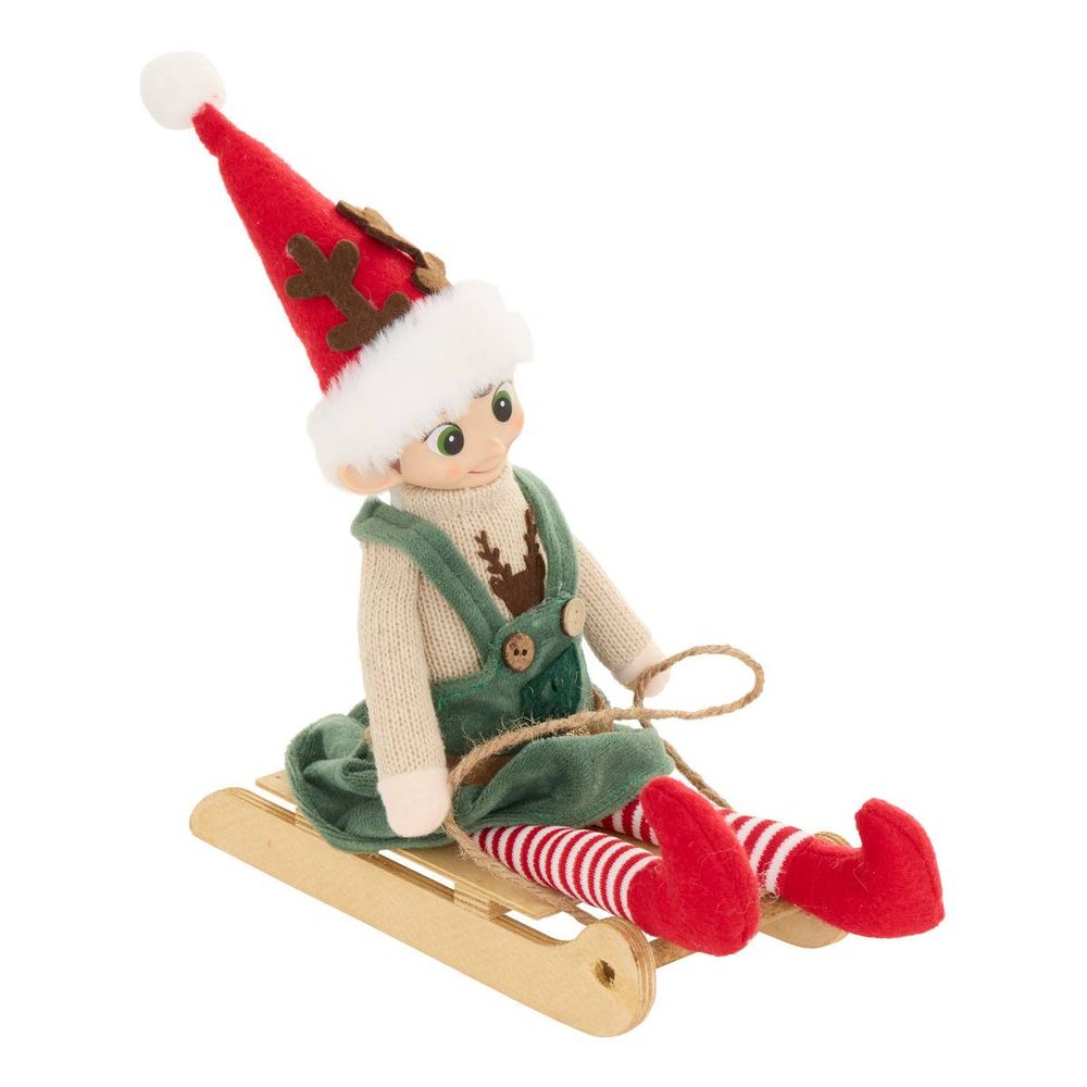 Lutin de noël saperli et popette avec luge h. 40 cm