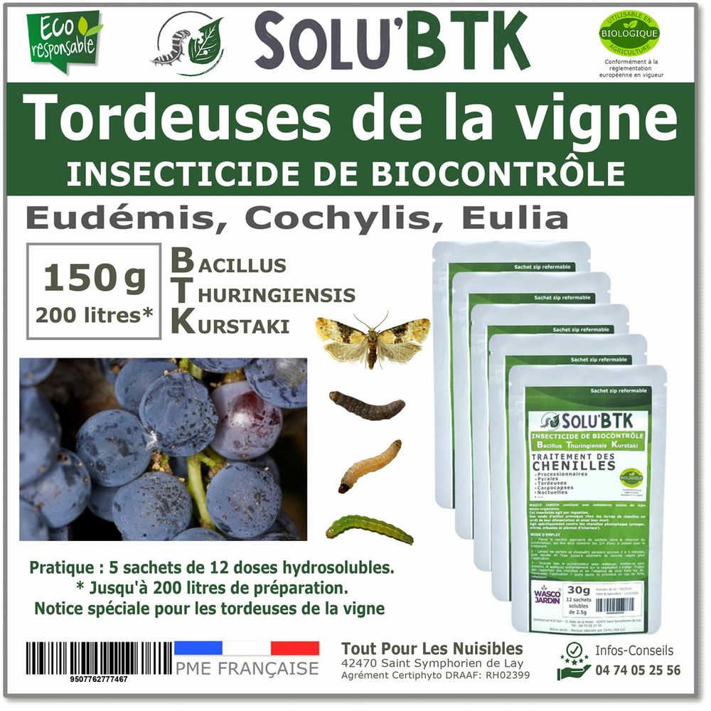 Btk de biocontrôle contre les tordeuses des vignes (eudémis, cochylis, eulia), solu'btk - 150g
