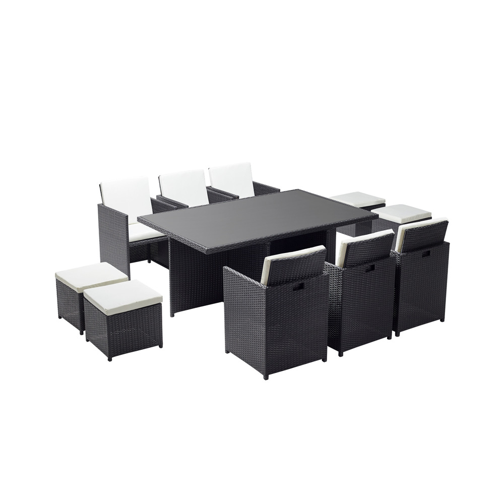 Table et chaises 10 places encastrables résine noir-blanc monaco