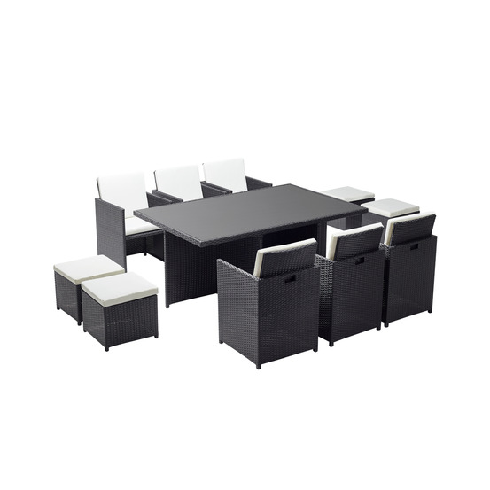 Table et chaises 10 places encastrables résine noir-blanc monaco