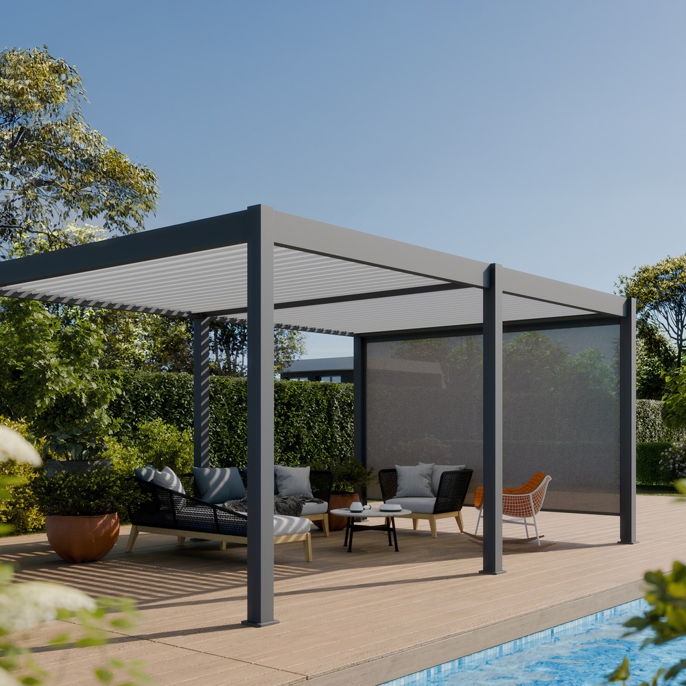 Pergola bioclimatique aluminium autoportée 19m² - 3,6x5,3 - store latéral inclus - anthracite - 34 lames en aluminium a 120 degrés