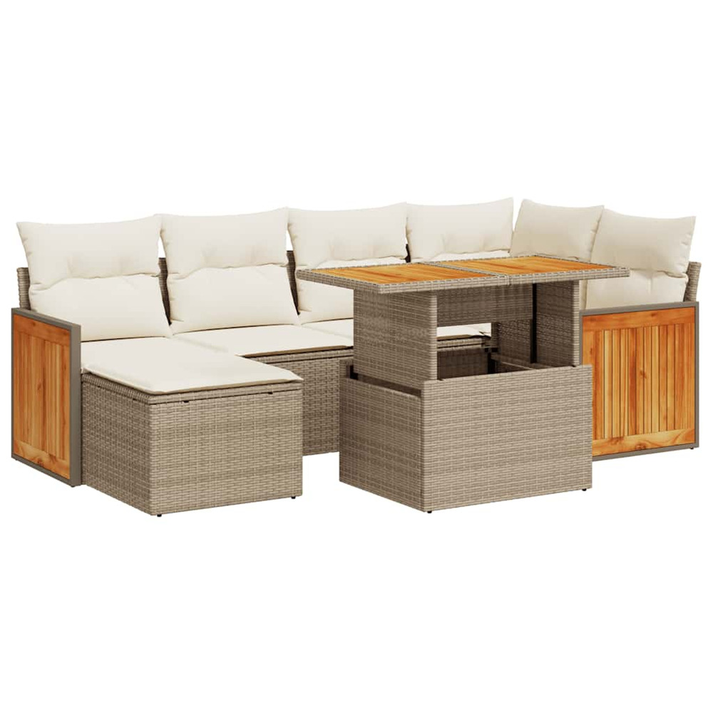 Salon de jardin avec coussins 7 pcs beige résine tressée acacia