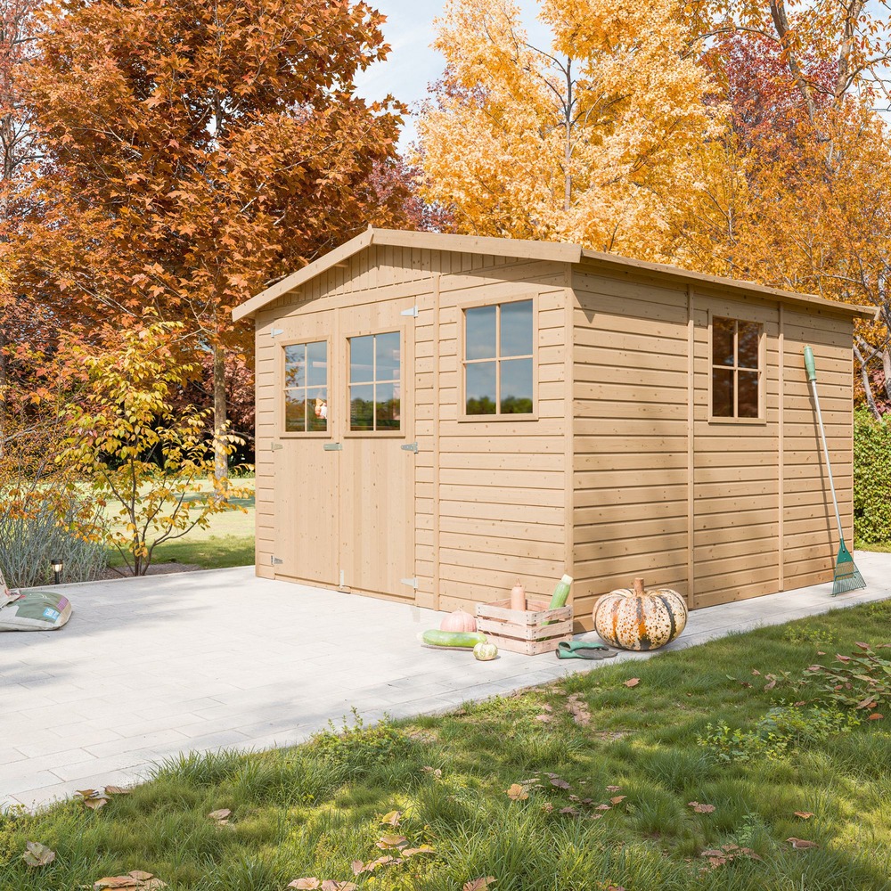 Abri de jardin en bois 9 m² - h226 x 324 x 316 cm - construction de panneaux en bois naturel -m335