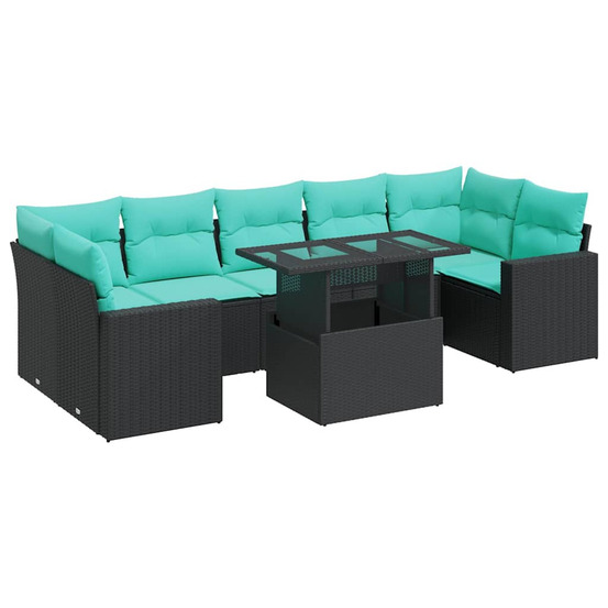 Salon de jardin avec coussins 8 pcs noir résine tressée acacia