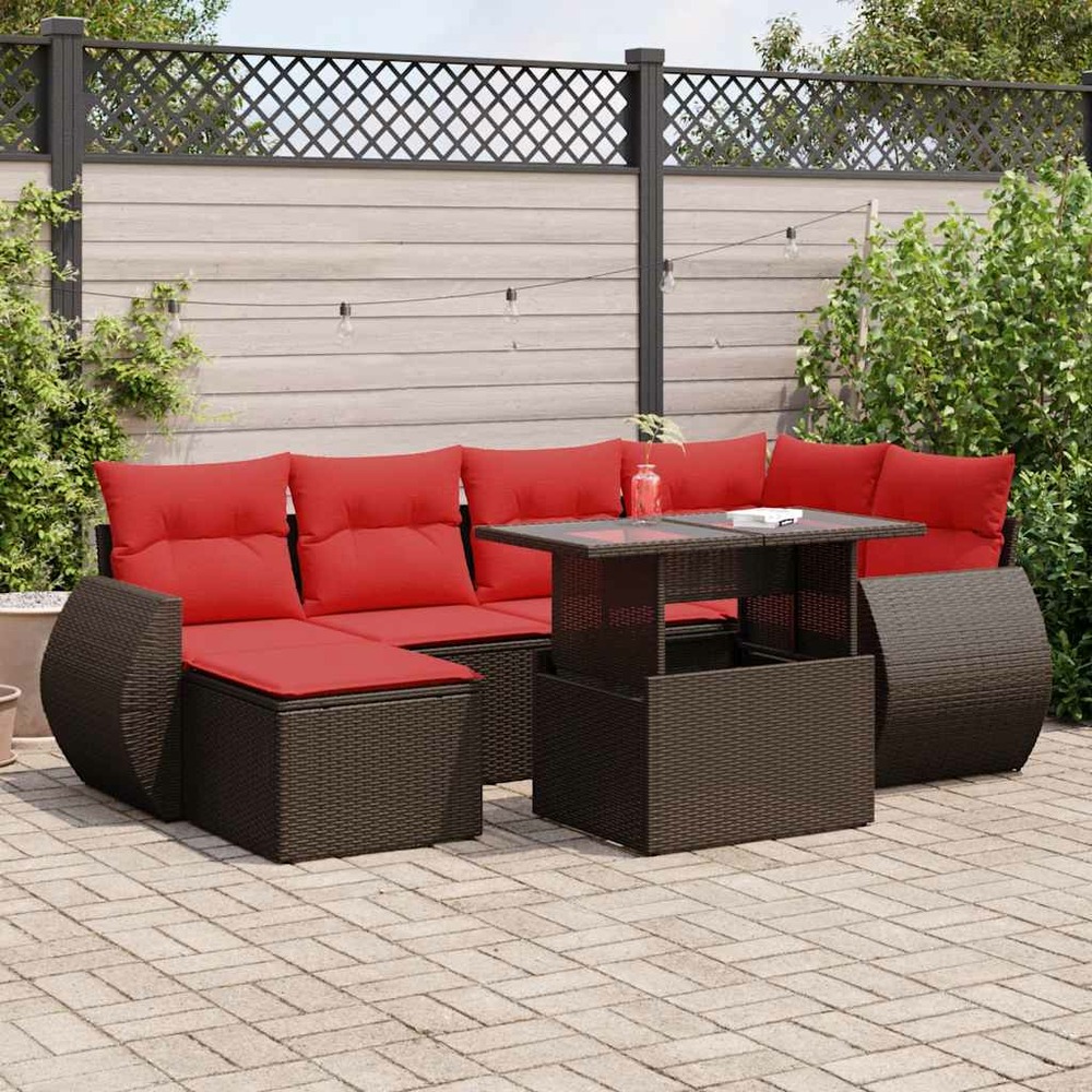 Salon de jardin avec coussins 7pcs marron résine tressée acacia