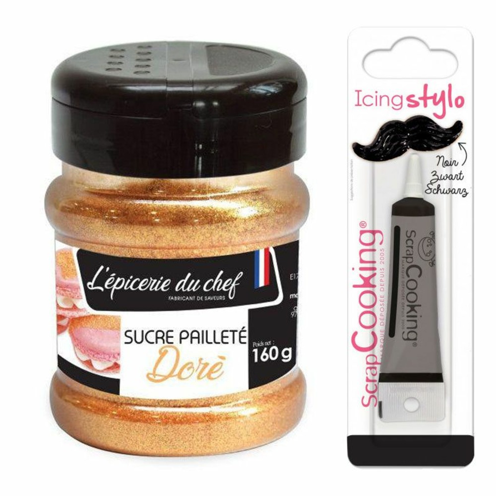 Sucre doré 160 g + stylo glaçage noir