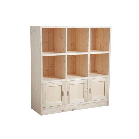 Bibliothèque 6 cases 3 portes en épicéa brut