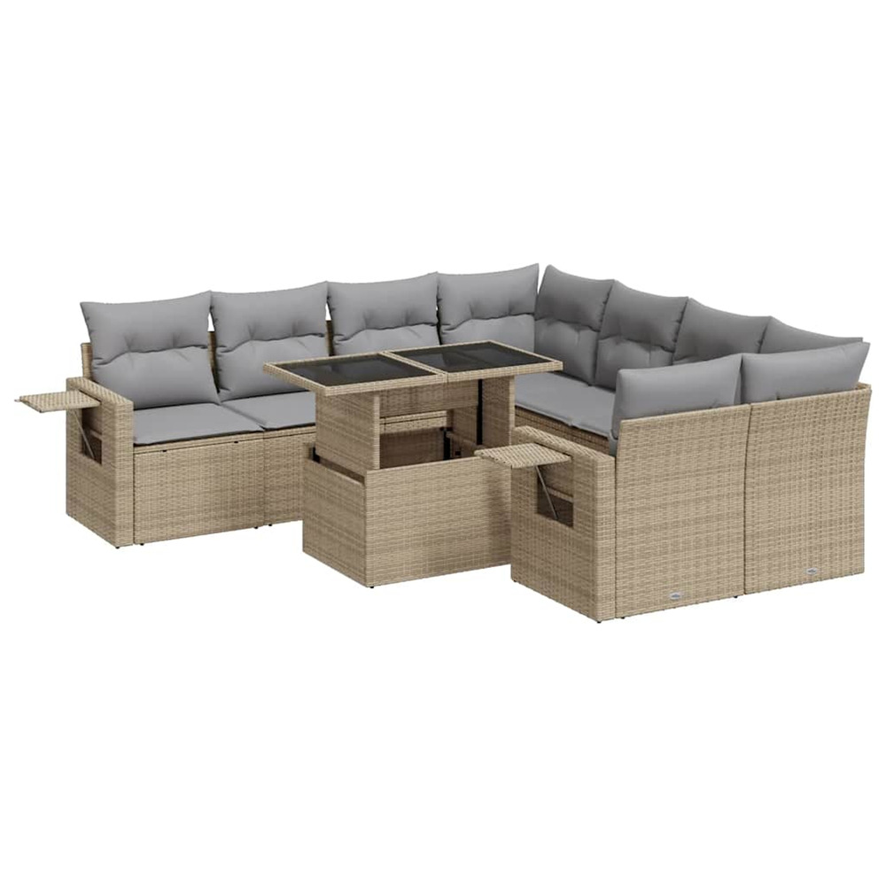 Salon de jardin avec coussins 9 pcs beige résine tressée