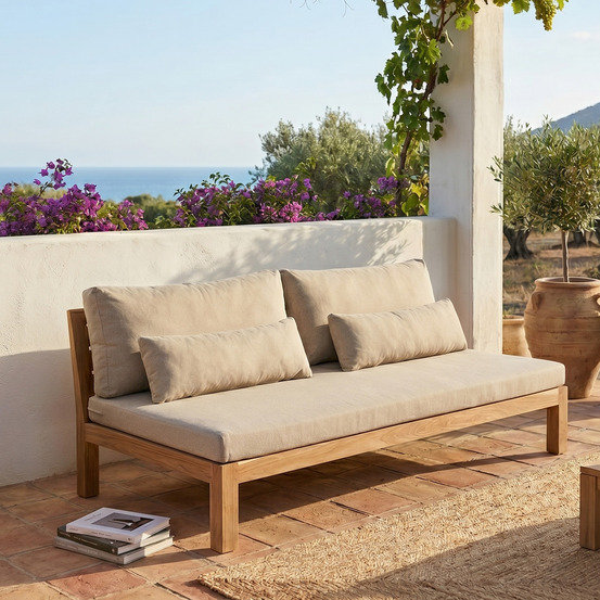 Canapé de jardin en teck massif et tissu taupe touquet
