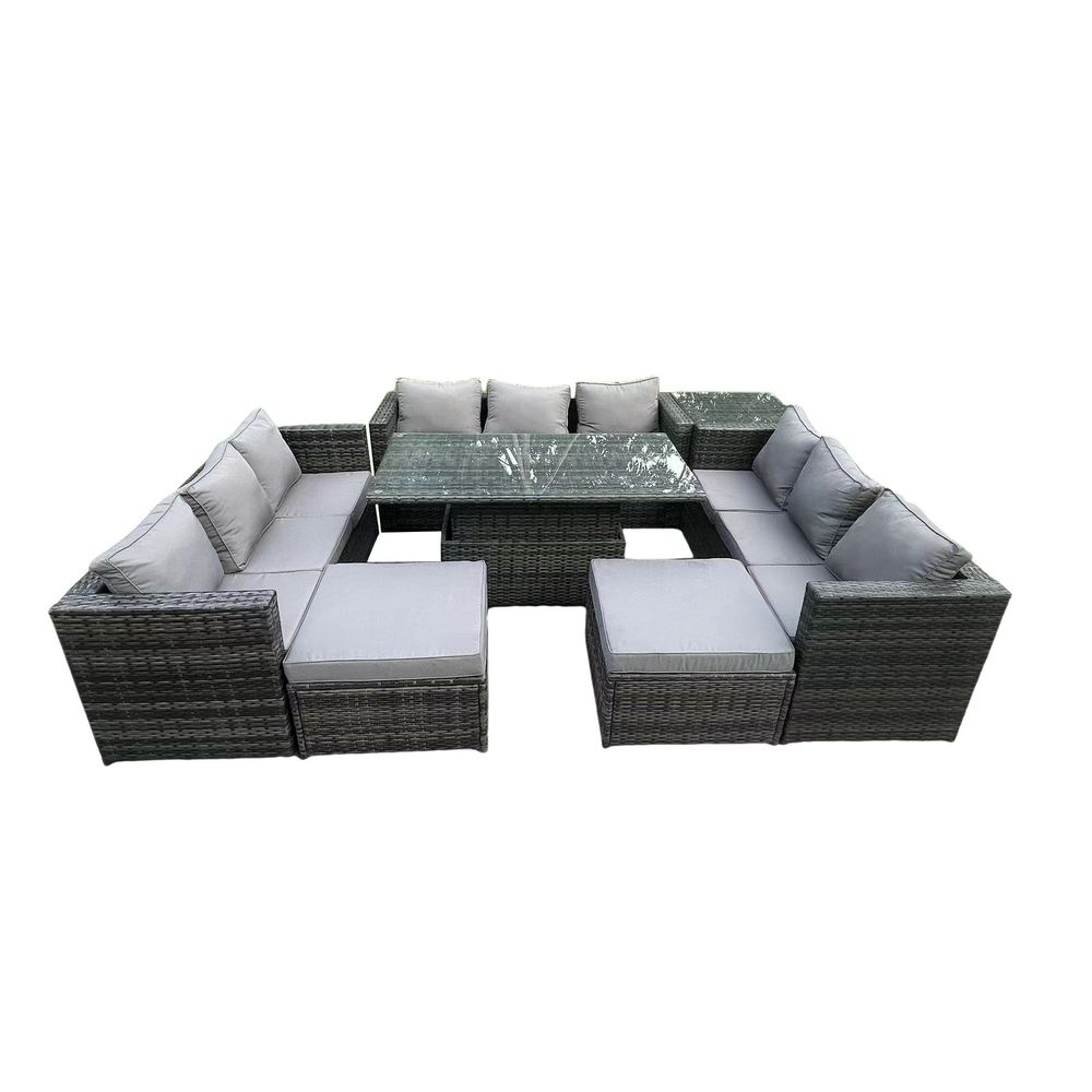 11 places extérieur rotin meubles de jardin canapé ensemble patio table à manger réglable avec table