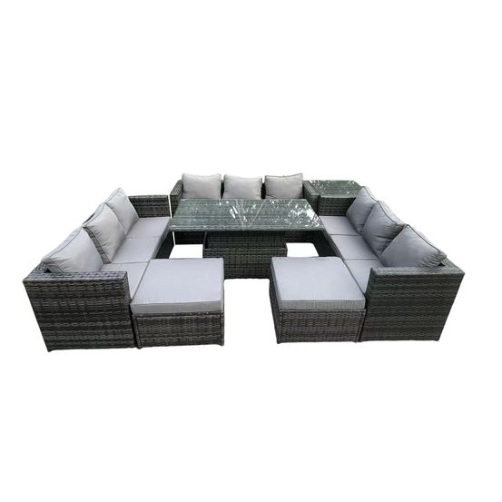11 places extérieur rotin meubles de jardin canapé ensemble patio table à manger réglable avec table