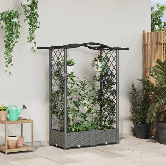 Jardinière surélevée toit courbé et 2 treillis plastique pour terrasse 124cm gris clair