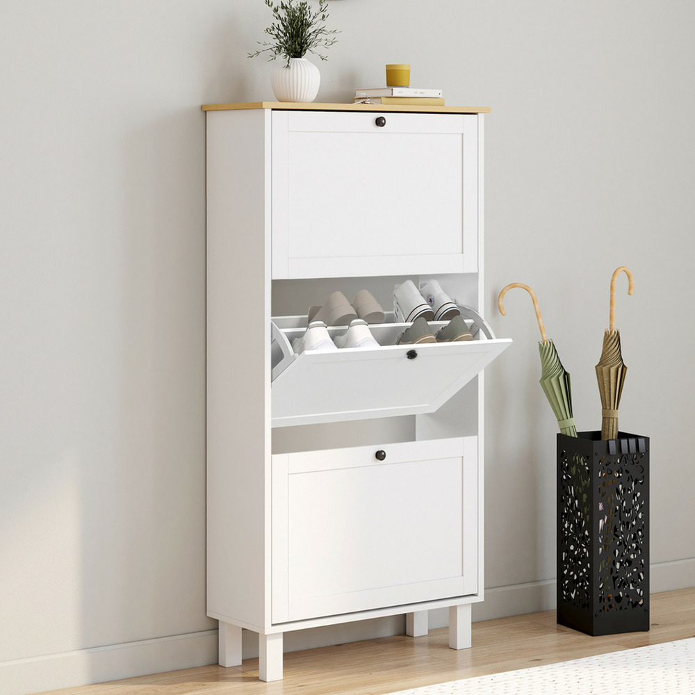 Meuble à chaussures 18 paires achille 3 portes blanc et plateau bois