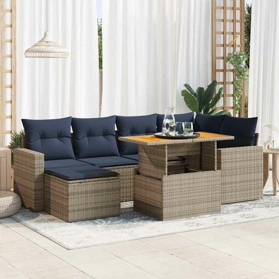 Salon de jardin avec coussins 7 pcs gris résine tressée