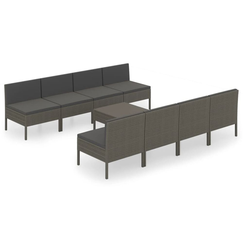 Salon de jardin 9 pcs avec coussins résine tressée gris