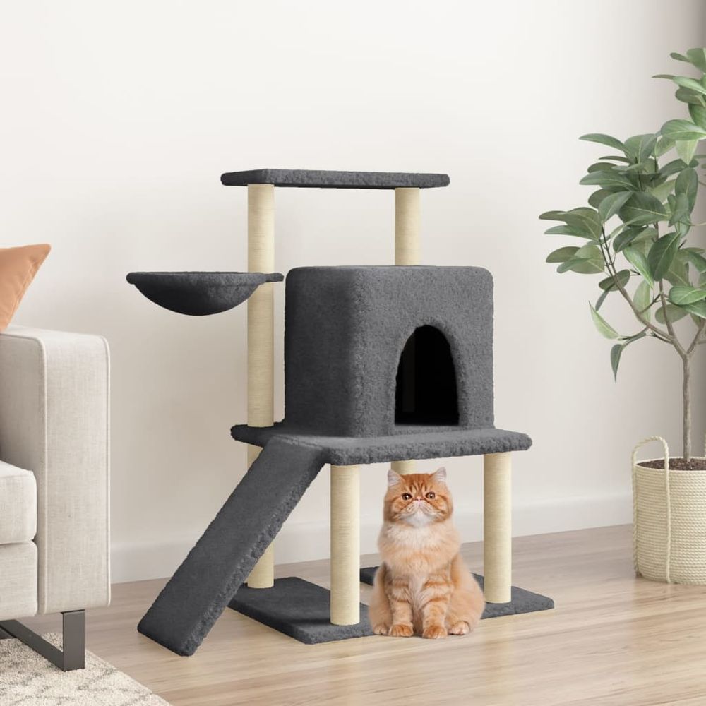 Arbre à chat complet sisal avec niche échelle et panier gris foncé 96,5 cm